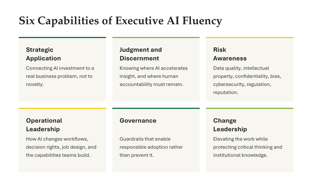 A grid of the six capabilities that define AI fluency in an executive: strategic application, judgment and discernment, risk awareness, operational leadership, governance, and change leadership, each with a one-line definition.